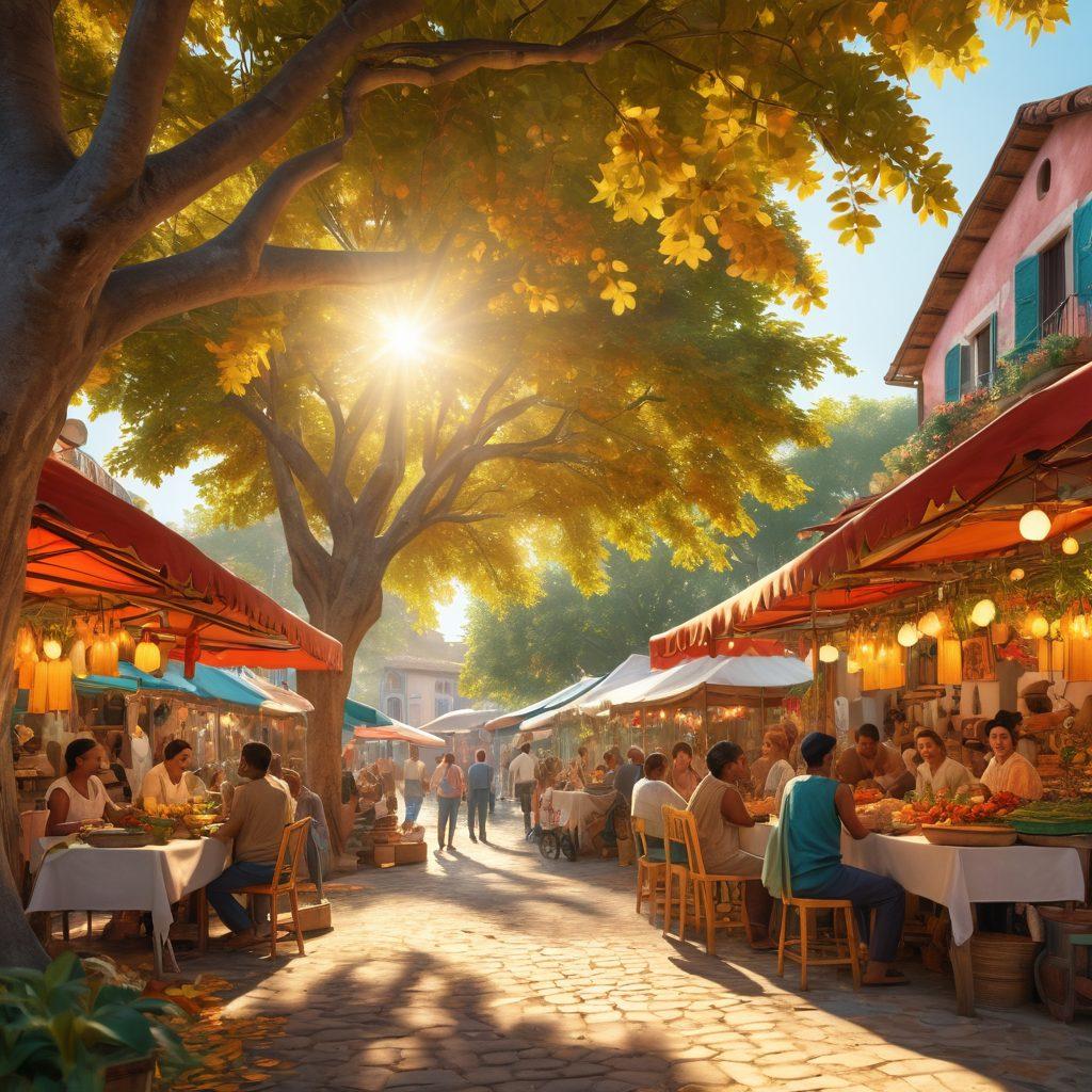 A vibrant community scene in Bassoro, showcasing diverse people sharing stories under a lush tree, with colorful market stalls and local craftsmanship in the background. The essence of connection and culture radiates through smiles and laughter among the community members. Soft golden sunlight filters through the leaves, enhancing the warm atmosphere. super-realistic. vibrant colors. 3D.