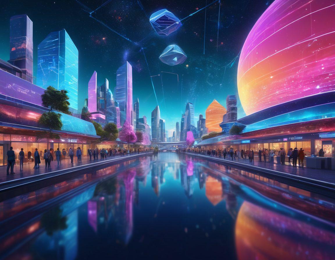 A vibrant digital landscape representing a journey through Bassoro, featuring futuristic buildings, flowing data streams, and colorful holograms. Include diverse travelers interacting with technology, capturing the essence of insights and experiences. The scene should be bustling, with a sky filled with digital constellations. super-realistic. vibrant colors. 3D.
