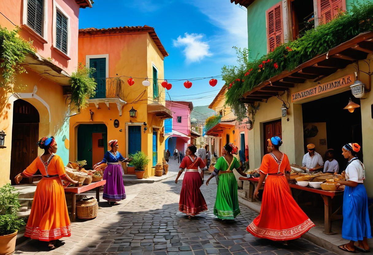 A vibrant street scene in Bassoro showcasing diverse cultures, with local artists painting murals, traditional dancers in colorful costumes, and food stalls offering regional delicacies. The backdrop features historical architecture and lush greenery, capturing the essence of the community's spirit. The image evokes a sense of celebration and unity. super-realistic. vibrant colors. 3D.